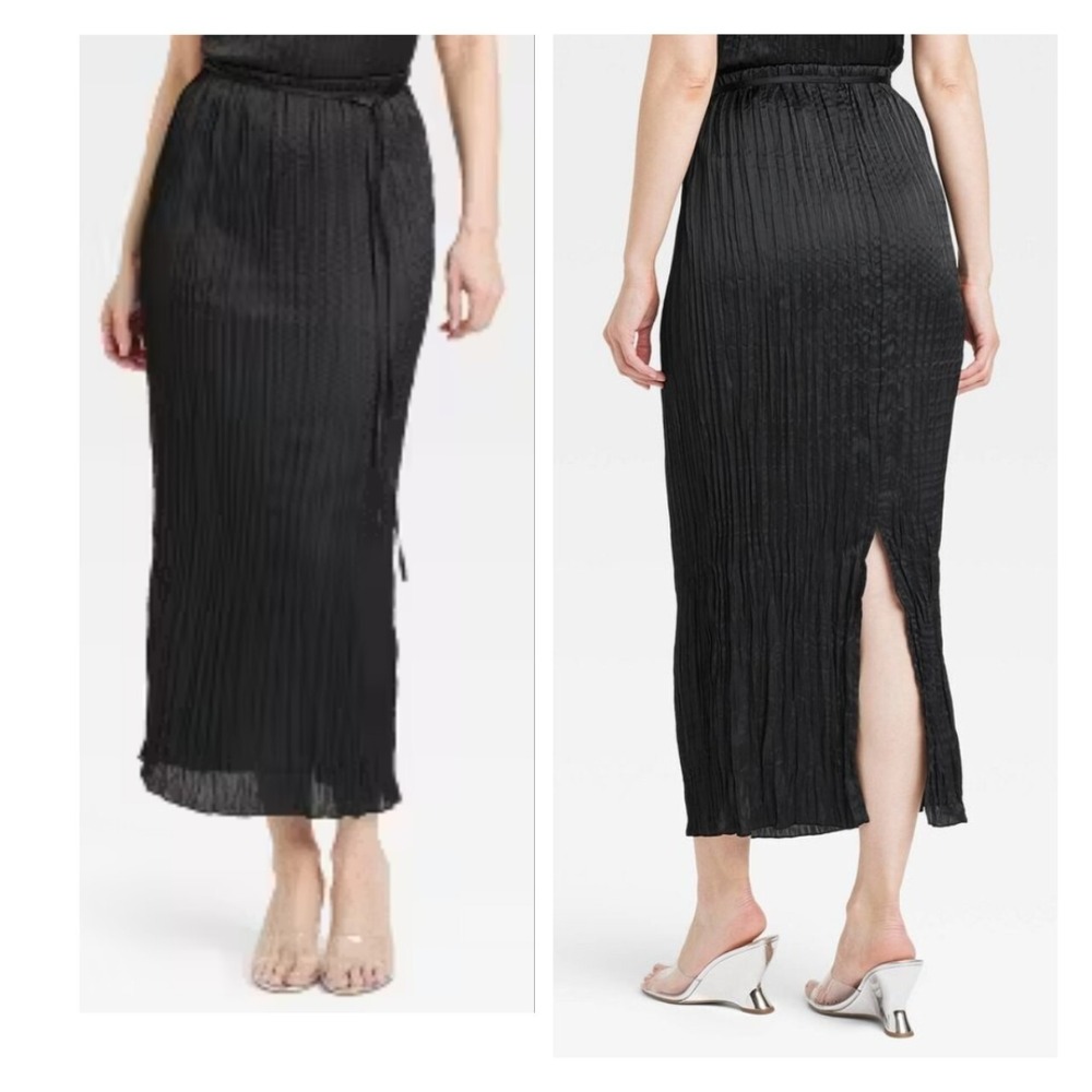 A New Day Black Crinkled Textured Satin Pull-On Maxi Skirt With Waist Tie L NWT